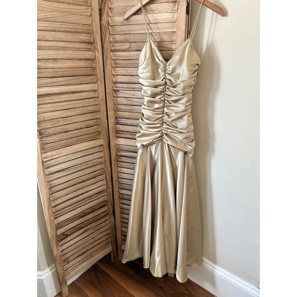 Jessica McClintock Gunne Vintage Champagne Gold Satin Ruched Formal Dress 3/4